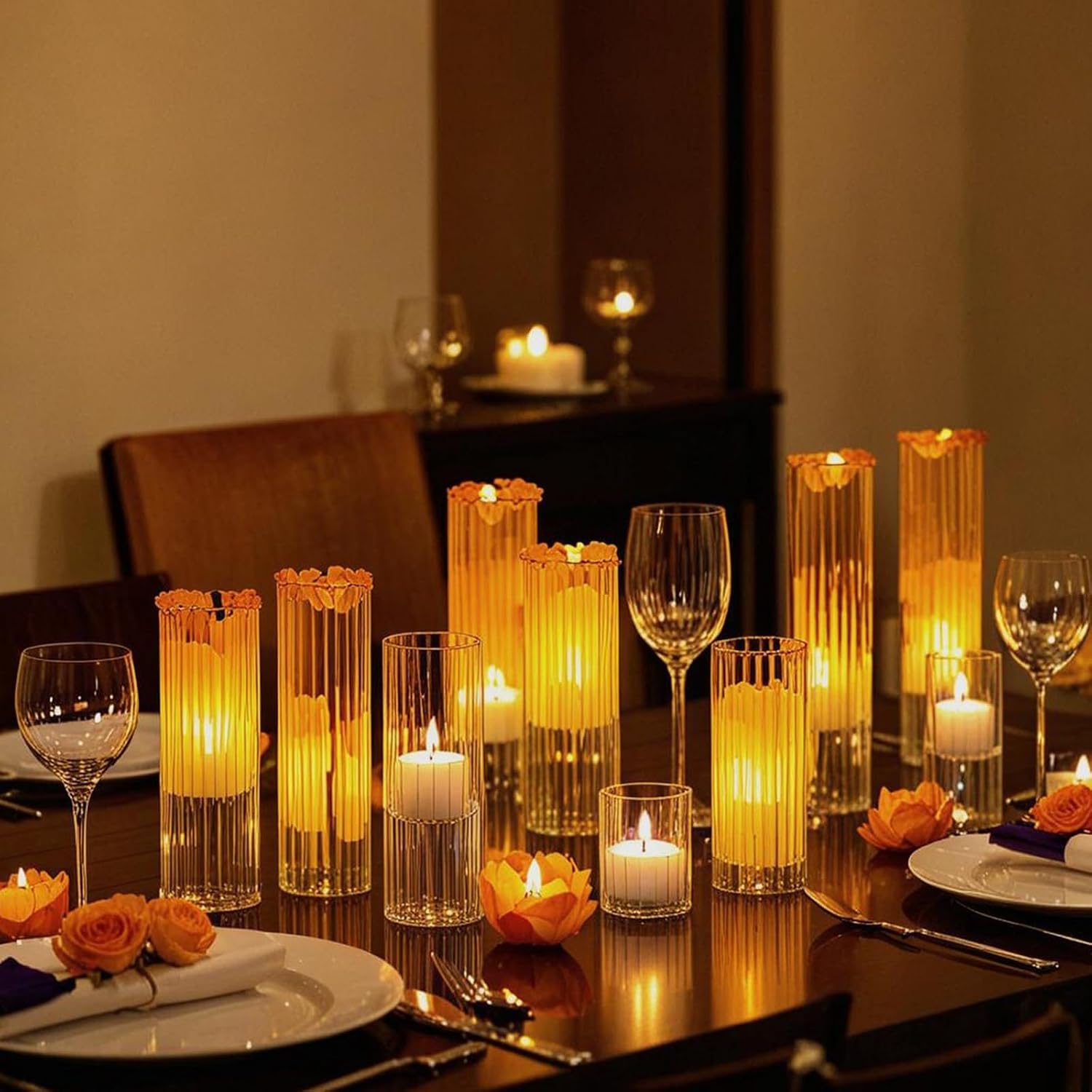 yshengood 6 Pcs Glass Hurricane Candle Holder Ribbed Glass Candle Holder - Elegant & Easy to Use, Perfect for Wedding, Holiday, Party Decor, Home and Event Essential