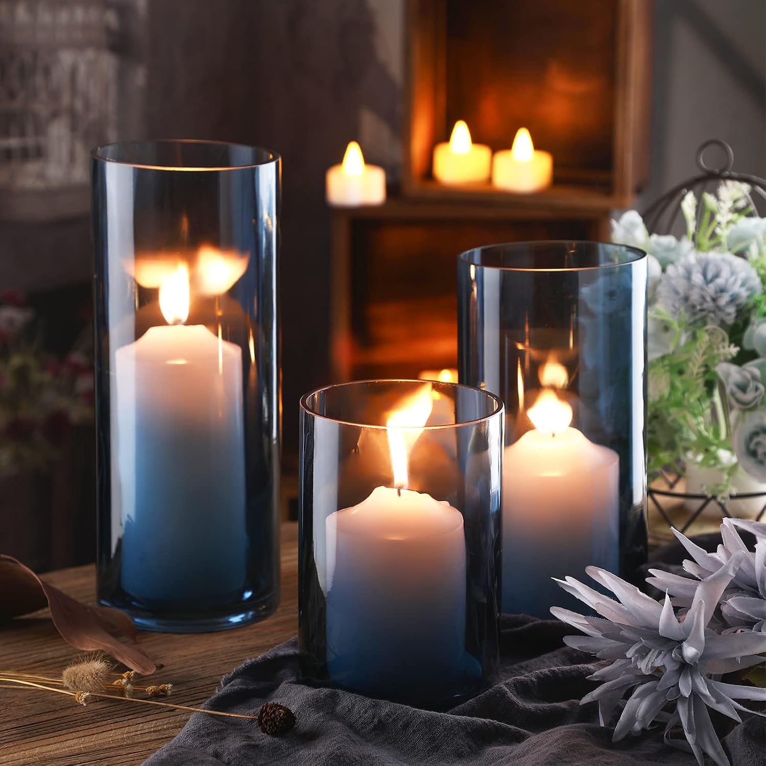 Set of 3 Blue Clear Hurricane Candle Holder Glass Cylinder Vases 6, 8, 10 Inches Height Hurricane Vases for Centerpieces Home Table Decor