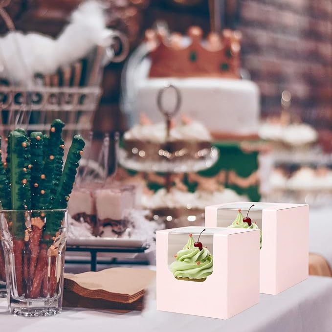 JCD 70 packs Pink Cupcake Boxes Individual Cupcake Container 3.5" x 3.5" x 3.5" Auto-Pop up Single cake Box for Bakery Gift Giving(70 Boxes+70 Inserts) (Pink/70Pcs)