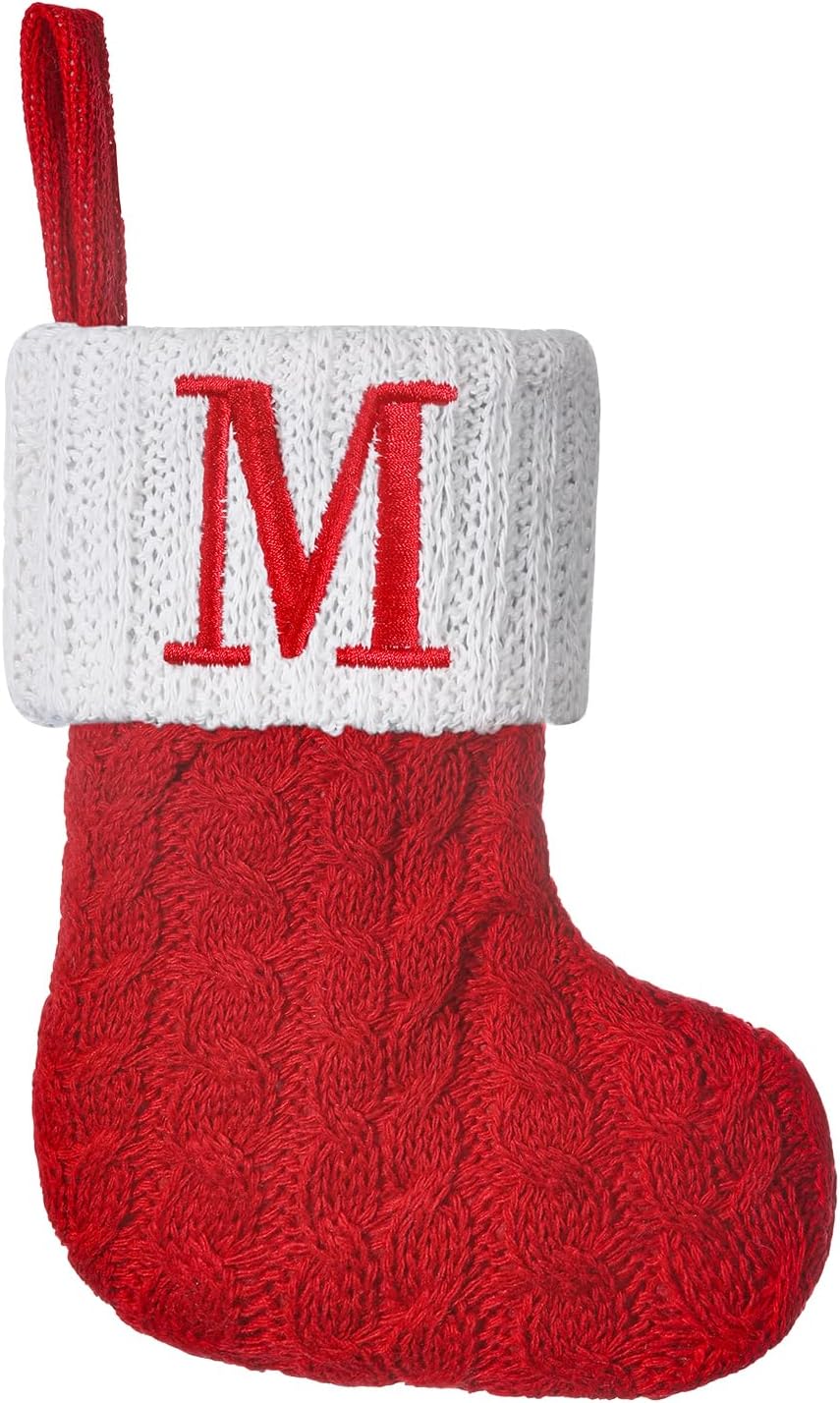 Mini Red Knit Stocking,8.5 Inches Initial Monogram Embroidered Christmas Stocking,Family Fireplace Hanging Ornament Xmas Holiday Decor Gift-Letter M