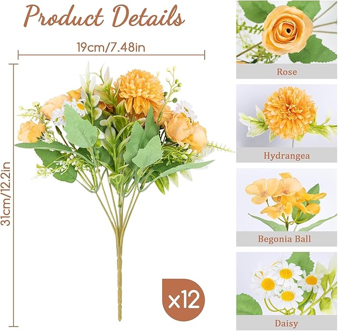 12 Packs Peonies Artificial Flowers,Silk Artificial Peonies Flowers Fake Peony Faux Floral Arrangements Bouquet for Centerpiece Table Wedding Party Home Decor Fall