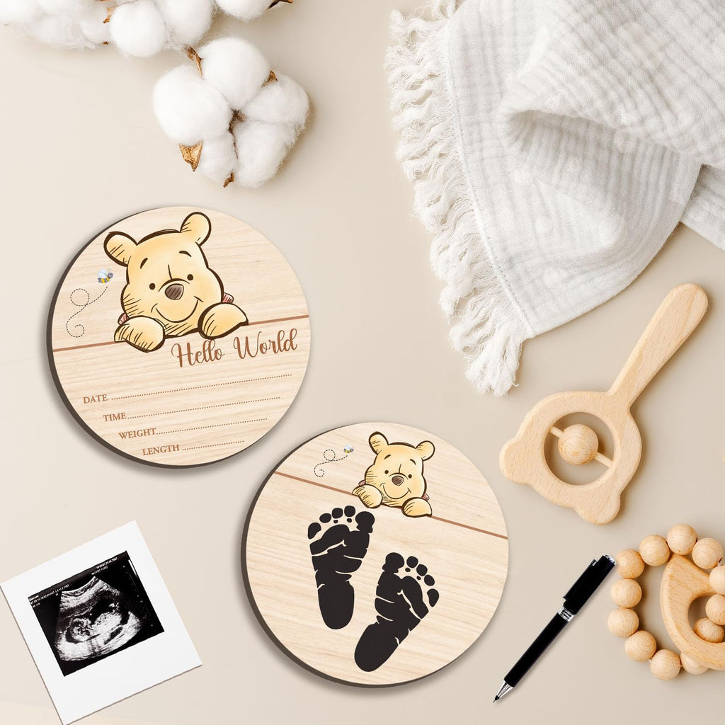 Winnie Baby Wooden Newborn Birth Sign, Winnie Hello World Newborn Signs, The Pooh Baby Announcement Sign, Double Sided Babies Name Plaques Photography Prop, Hello World for New Mom Babies
