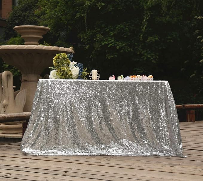 SquarePie Sequin Tablecloth 50 x 72 Inch Silver Sparkly Table Cloth for Wedding Party Decoration