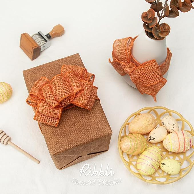 Ribbli Orange Burlap Wired Ribbon, 1-1/2” Inch x Continuous 20 Yard, Orange Wired Ribbon for Wreaths,Big Bows,Tree Decoration,Outdoor Decoration