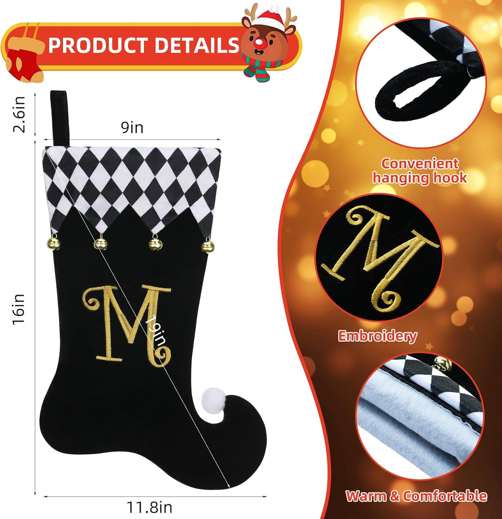 Personalized Elf Christmas Stocking,Black Velvet w/Gold Initial | 19"Black Velvet Christmas stocking,Checkered Cuff & golden jingle Bells,Holiday decor for Fireplace mantel/gifting-Letter J