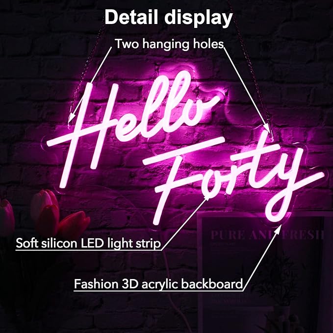 Hello Forty Neon Sign 40th Birthday Dimmable Neon Sign Pink Letters Neon Lights For Bedroom Decor USB Hanging Sign For Home Apartment Office Beauty Salon Decor