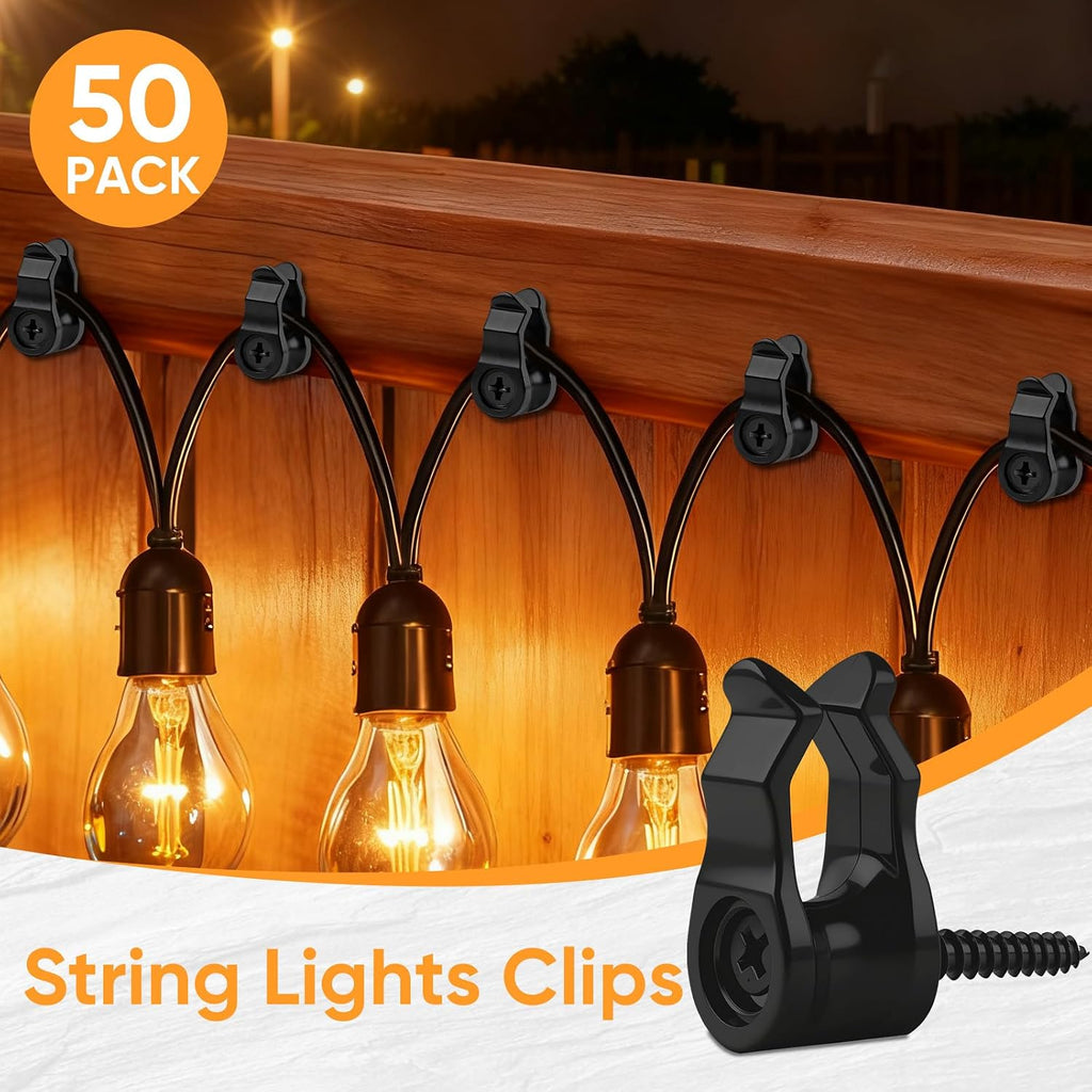 50 Pack String Light Clips, Screw in Hooks for Outdoor String Lights,Weatherproof Cable Clips for Christmas Fairy Lights, Rope Light, Patio Holiday Decor & Cable Management-Black
