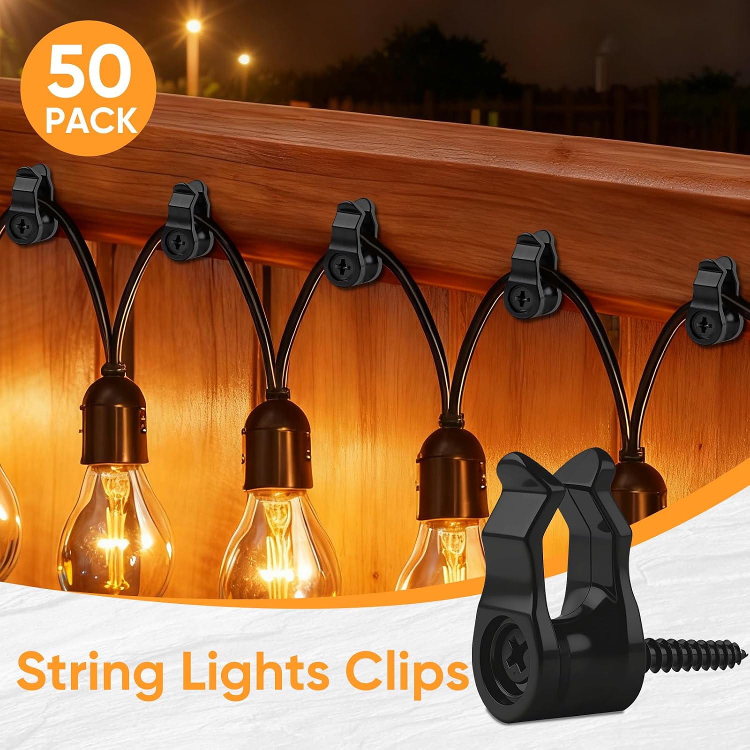 50 Pack String Light Clips, Screw in Hooks for Outdoor String Lights,Weatherproof Cable Clips for Christmas Fairy Lights, Rope Light, Patio Holiday Decor & Cable Management-Black