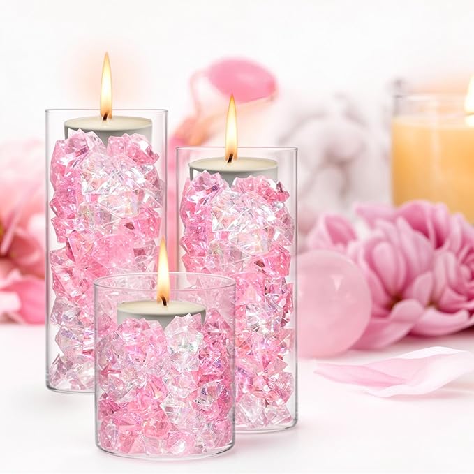 DomeStar 150PCS Dazzling Fake Ice Rocks, Pink Holographic Acrylic Crushed Ice Sparkling Plastic Diamonds Gems for Vases Fillers Aquarium Rocks Party Table Scatter Wedding Decor