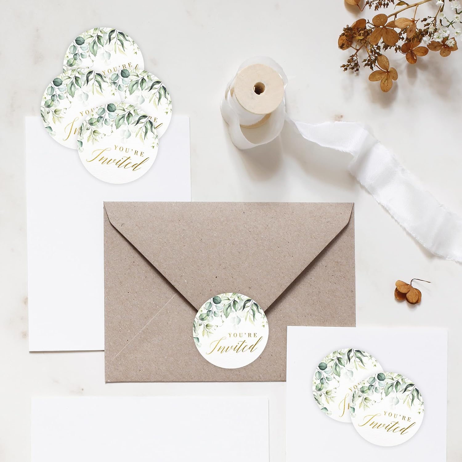 Mobiusea Creation Greenery Wedding Invitation Stickers | 1.4 inch | Gold Foil | 108pcs Waterproof Envelope Stickers for Bridal Shower, Birthday, Baby Shower and Party