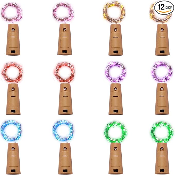 12 Pack 20 LED Wine Bottle Cork Lights, Fairy Mini String Lights Copper Wire, Battery Operated Starry Lights for DIY, Christmas, Halloween, Wedding, Party, Indoor&Outdoor (12 Pack, Multi Color)