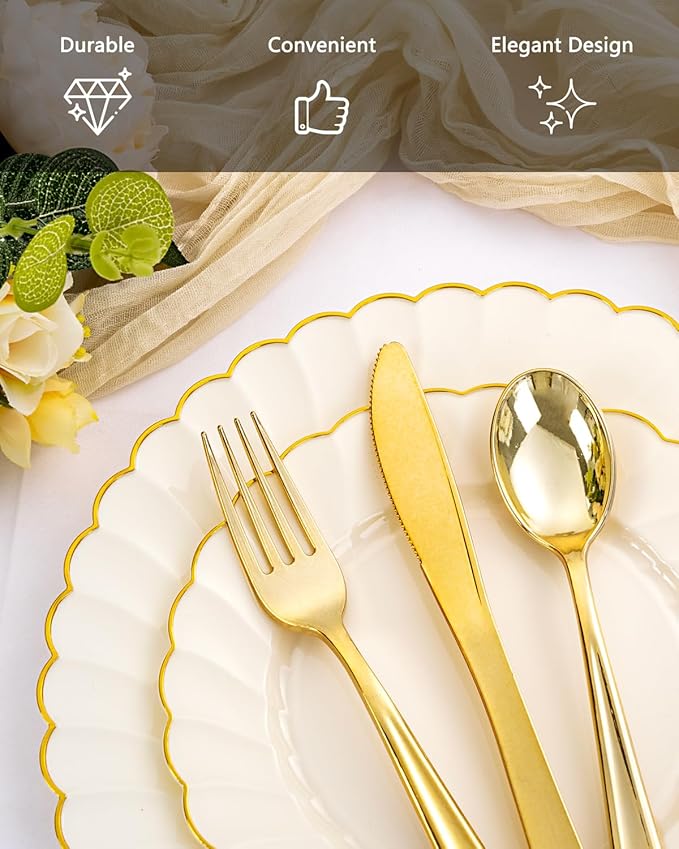YOUBET 350PCS Ivory Scalloped Plastic Plates - Ivory and Gold Disposable Dinnerware Set Include 100 Plates, 150 Gold Silverware, 50 Cups, 50 Napkins for Wedding & Party & Thanksgiving