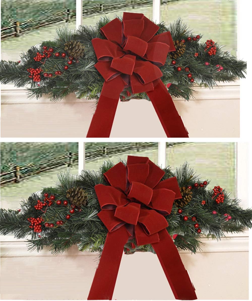 Set of 4 Wired Holiday Red Velvet Christmas Bows - 14 Loops - Outdoor Use - Lasting Color - Hand Tied in The US by Floral Designers
