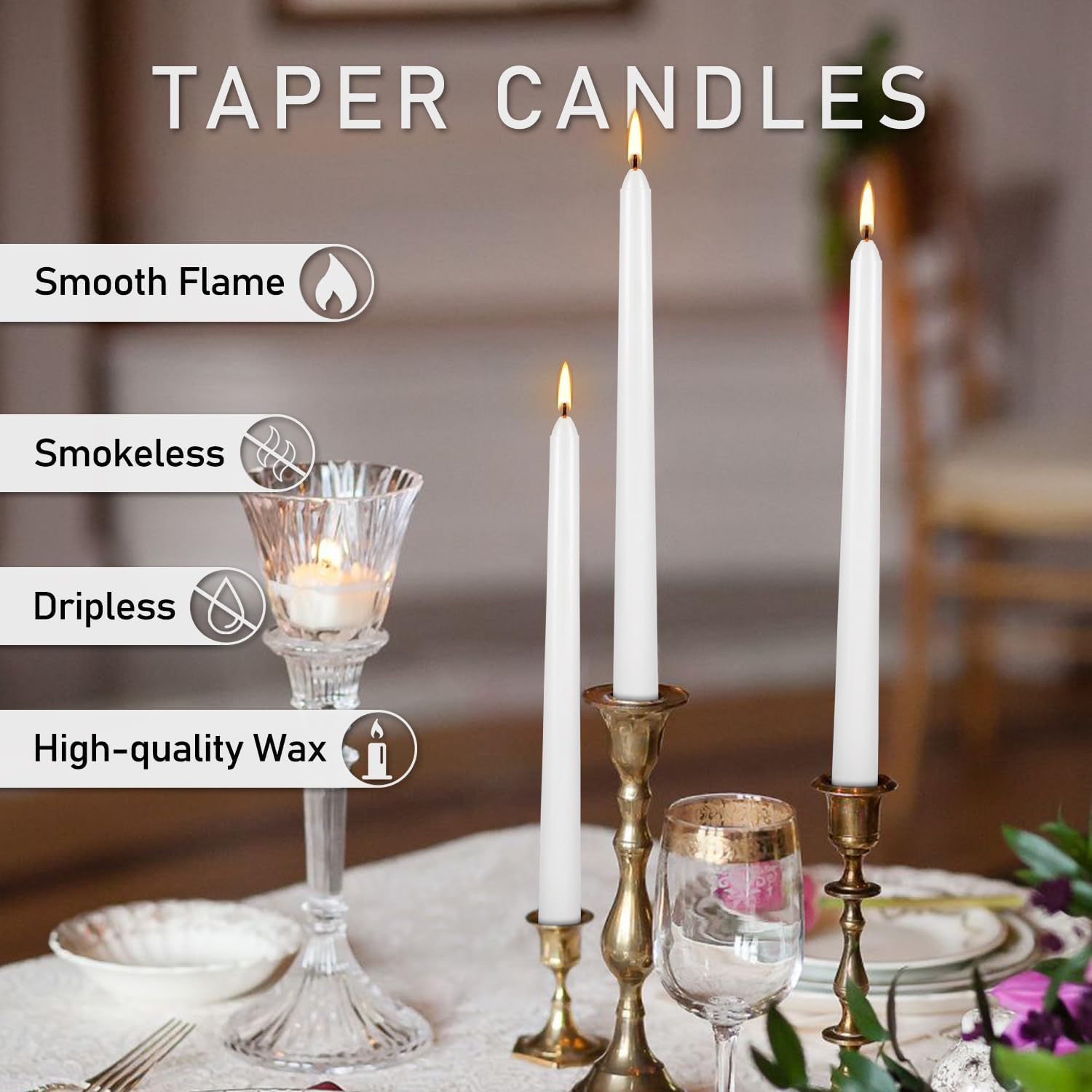 WPONSZU 50 Pack White Taper Candles, 7-8 Hours Burn Time, Unscented, Smokeless and Dripless, 4/5 x 10 Inch for Christmas,Household,Dinner,Wedding,Valentine's Day,Party and Home Décor Candlesticks