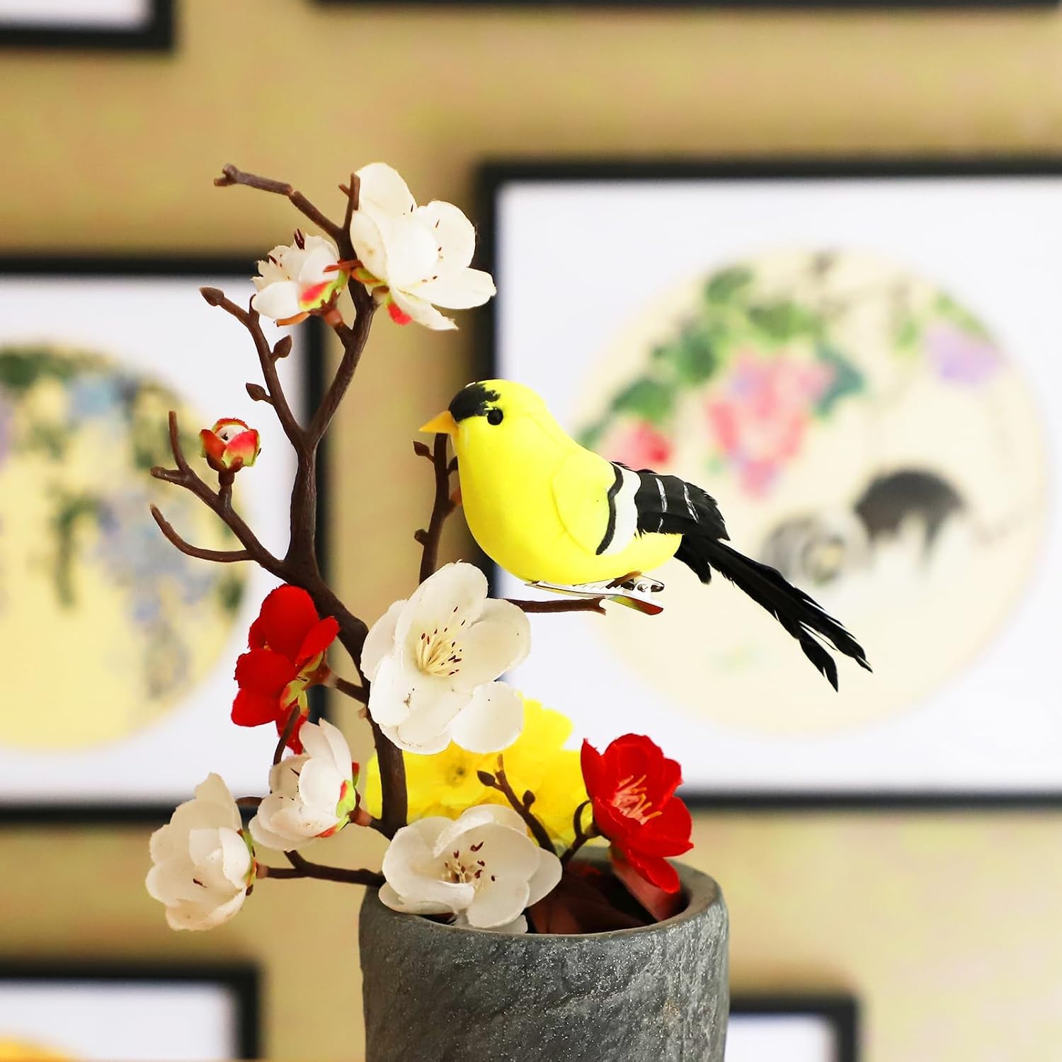 Artificial Birds Realistic Yellow Goldfinch 2 Pack Clip on Foam Feathered Bird Ornaments Figurines for Christmas Tree Decoration Wreaths Crafts Party Home Decor
