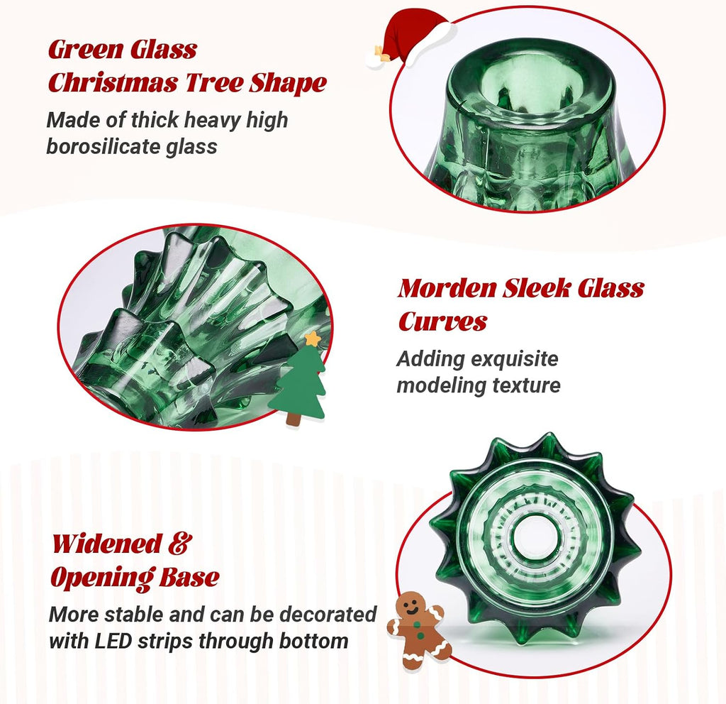 CHILL RECIPE Christmas Tree Candle Holders Xmas Glass Taper Candlestick Holders Thickened with Rubber Candle Grippers for Decoration Table Centerpiece Dinner Party Home Decor(Green 3Pcs &Box)