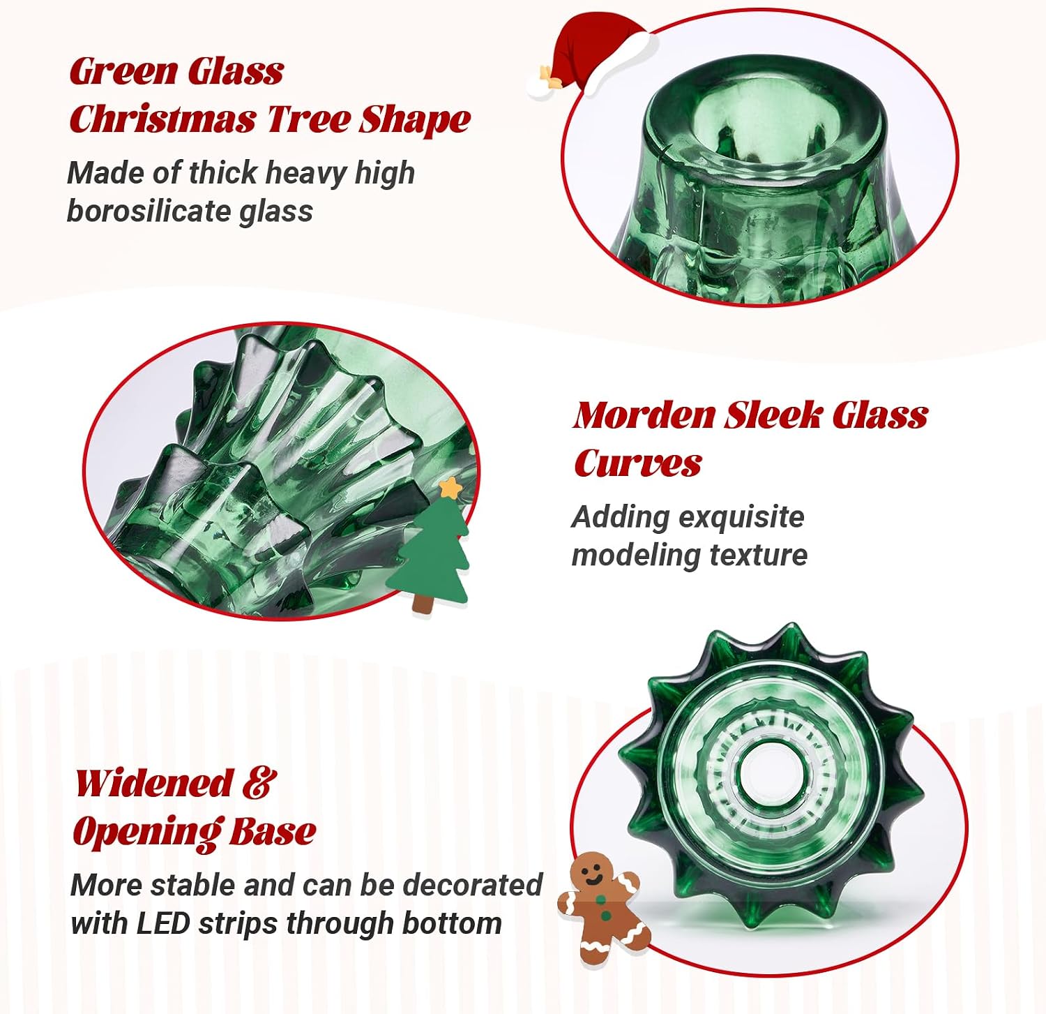 CHILL RECIPE Christmas Tree Candle Holders Xmas Glass Taper Candlestick Holders Thickened with Rubber Candle Grippers for Decoration Table Centerpiece Dinner Party Home Decor(Green 3Pcs &Box)