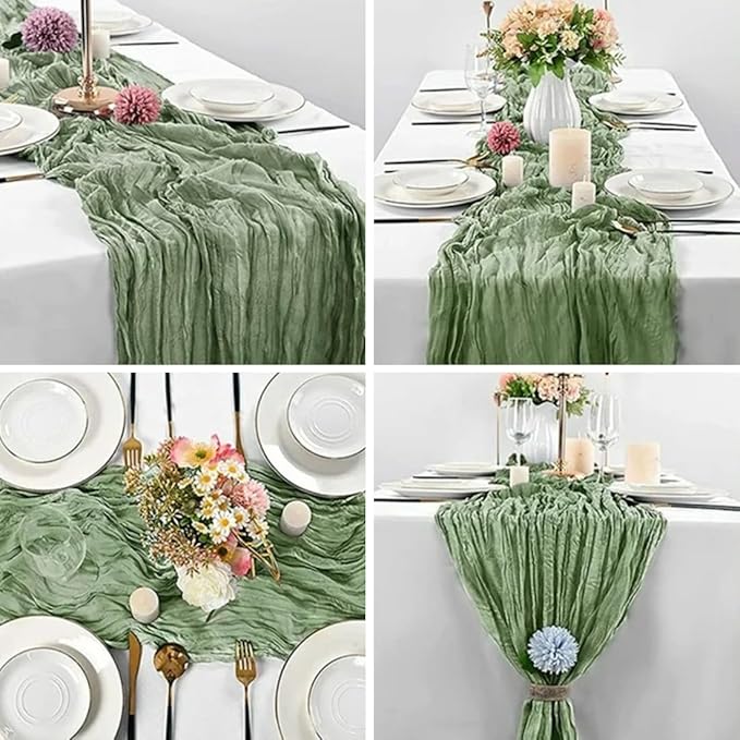 Sage Green Cheesecloth Table Runner -21*120Inch Long Boho Wedding Table Decor, Rustic Gauze Fabric Runner for Bridal Showers, Baby Showers & Parties (Sheer, Lightweight, Wrinkled Design)