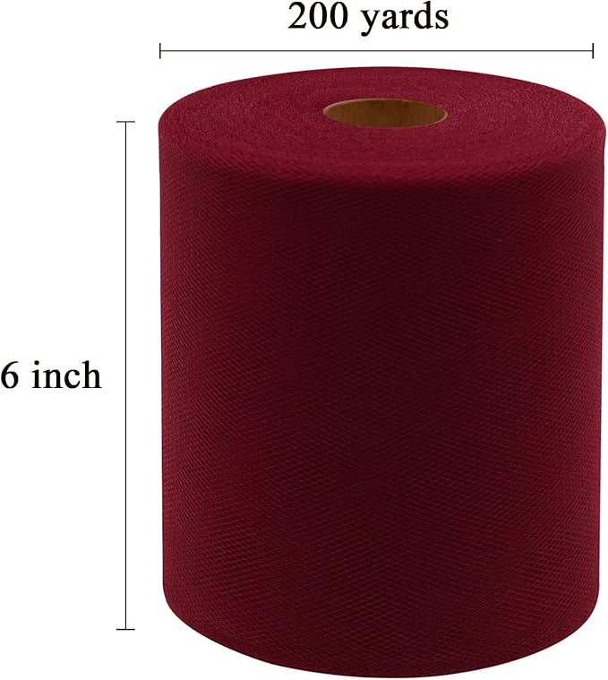 Burgundy Tulle Fabric Rolls 6 Inch by 200 Yards (600 feet) Fabric Spool Tulle Ribbon for DIY Burgundy Tutu Bow Baby Shower Birthday Party Wedding Decorations Craft Supplies