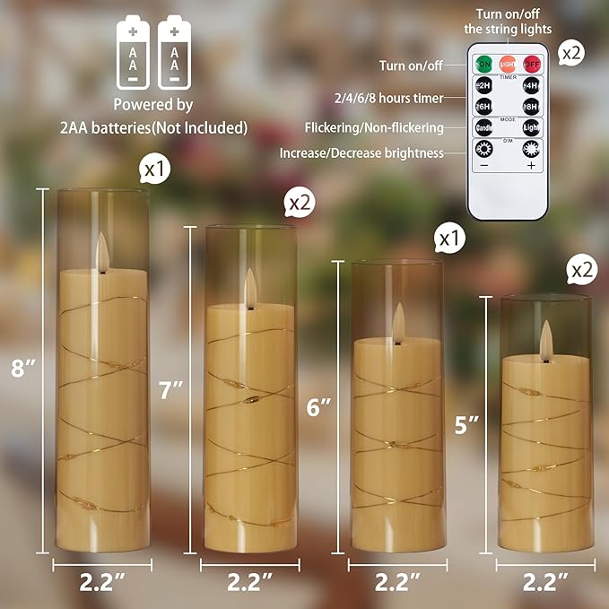 Gold Flameless Candles with Remote and String Light, 2.2"x 5",5",6",7",7",8" LED Battery Operated Plastic Flickering Timer Pillar Candles(Pack of 6,Turn On/Off String Light Mode)