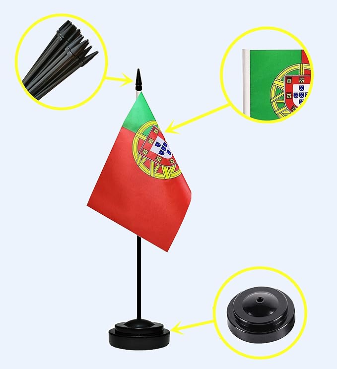 Portugal Portuguese Deluxe Desk Flag Set Small Mini Miniature Portugal Portuguese Table Desktop Flags With Solid Pole, Black Base and Spear Top(2 Pack)