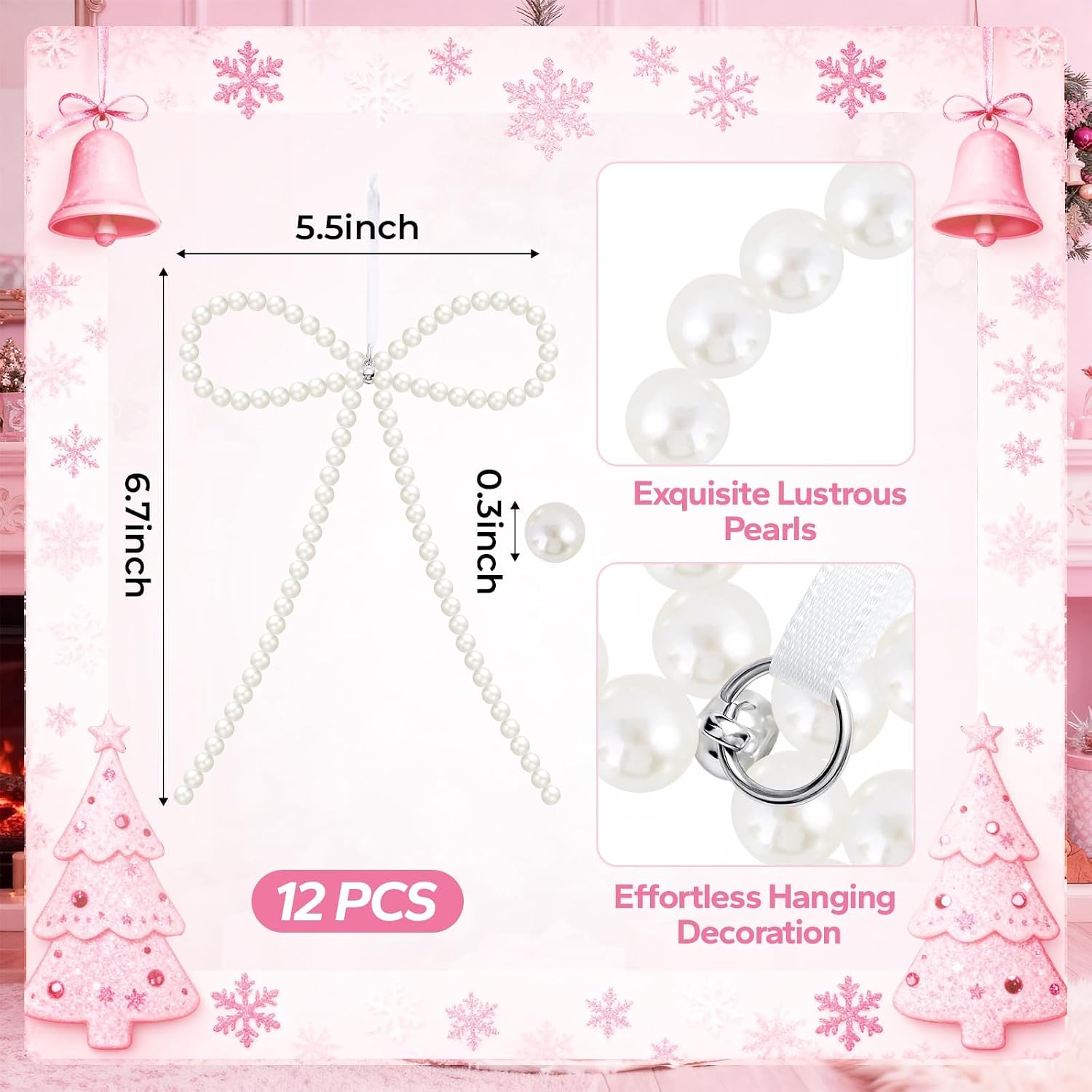12 Pcs White Pearl Bow Ornaments for Christmas Tree Decorations Pearl Christmas Ornaments Hanging Christmas Tree Toppers for Xmas Gift Packaging Home Wreath Fireplace Fence Wedding Holiday Party Decor