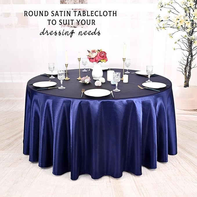 10 Packs Satin Tablecloth 120 Inch Navy Blue Round Table Cloth Silk Tablecloth Smooth Fabric Overlay Satin Table Cover Decoration for Wedding Party Banquet Events