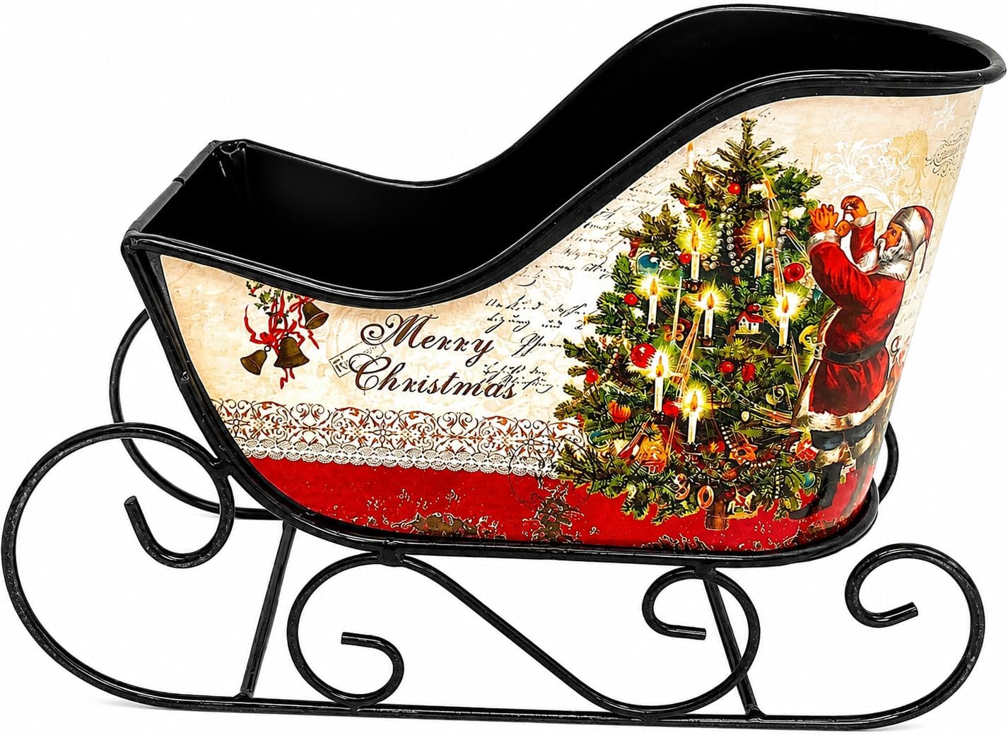 Christmas Sleigh Metal Ornament Small Candy Storage Gift Tabletop Centerpiece Mantel Fireplace (Multicolor Merry Christmas)