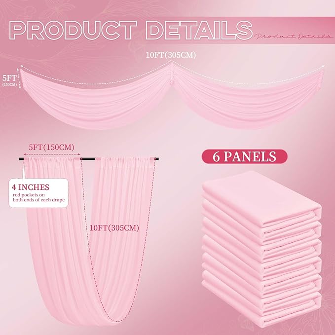 6 Panels Pink Ceiling Drapes for Wedding 5ftx10ft Ceiling Drapes Wedding Arch Draping Fabric Cheesecloth Sheer Curtain Romantic Ceiling Decorations for Weddings Party Banquet Ceremony Stage