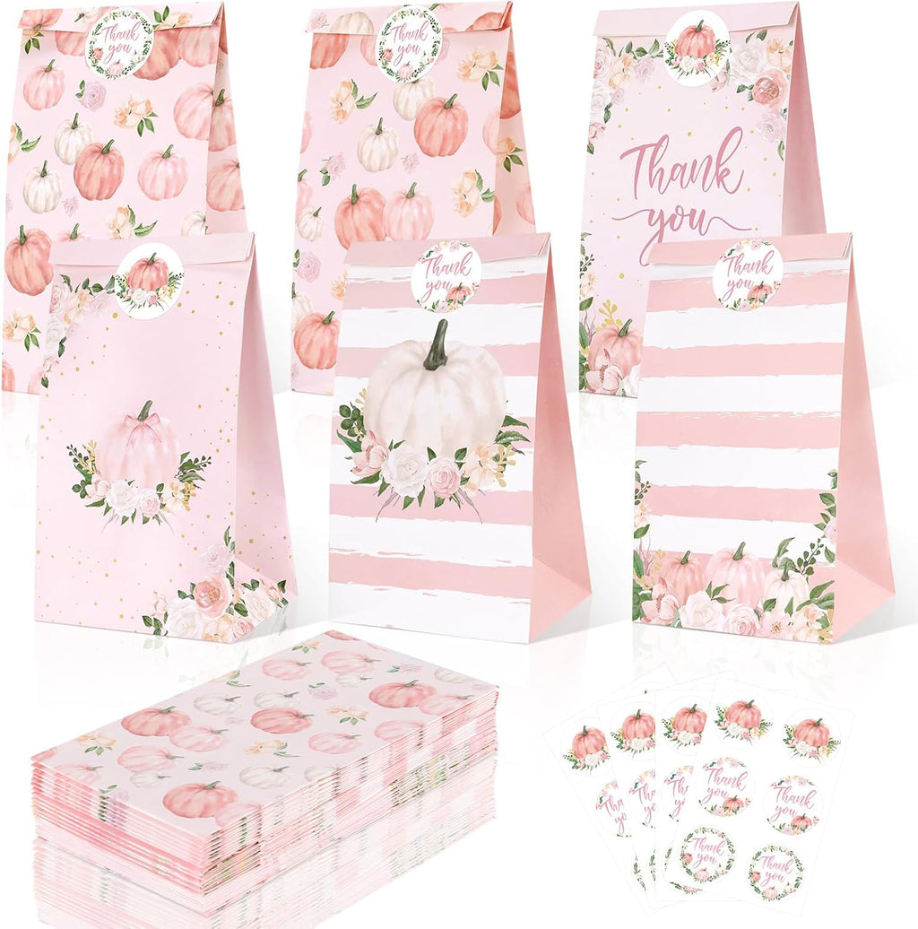 Sinasasspel 24Pcs Pumpkin Gift Bags with Thank You Stickers, Fall Paper Treat Bags Thanksgiving Party Favor Bags, Pink Little Pumpkin Candy Goodie Bags for Birthday Baby Shower Autumn Party Supplies
