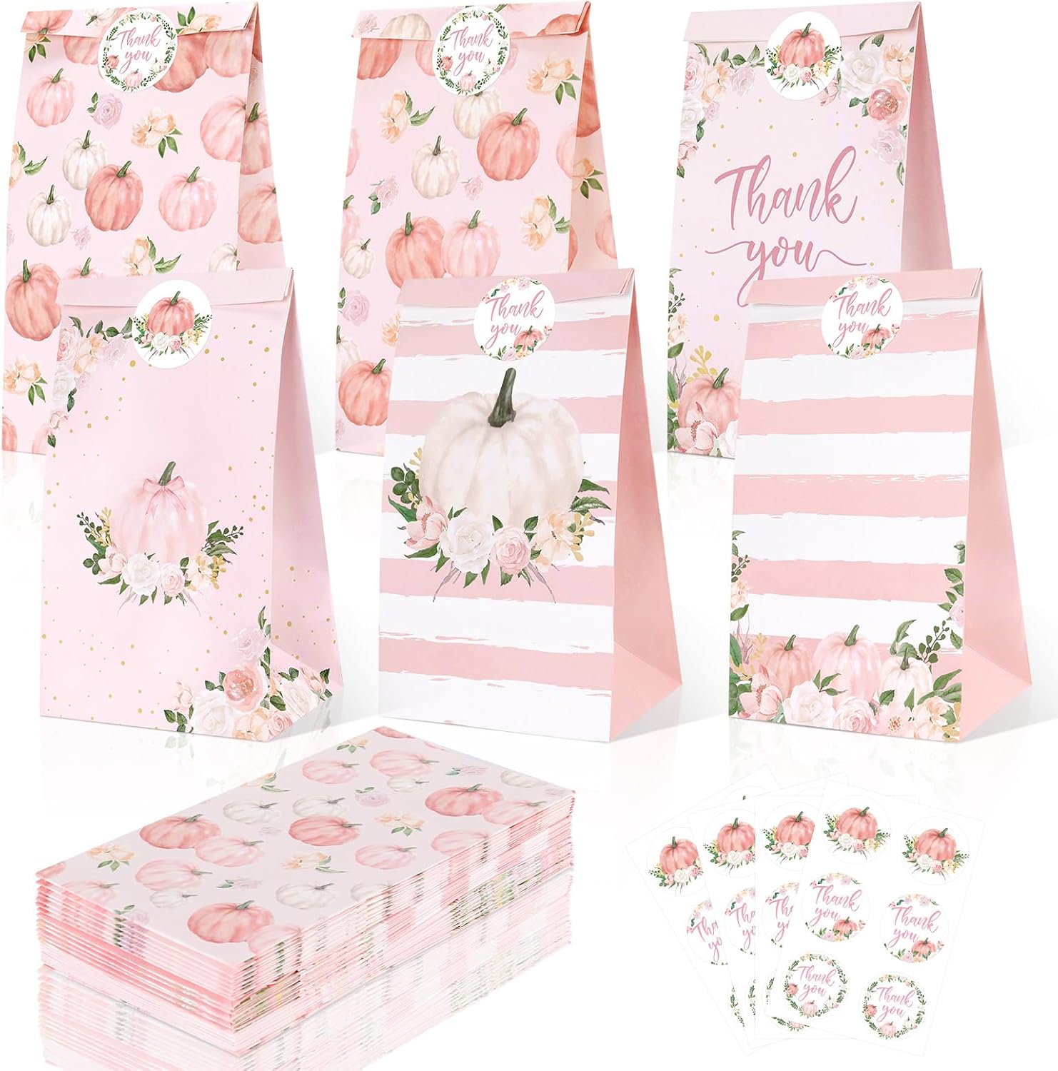 Sinasasspel 24Pcs Pumpkin Gift Bags with Thank You Stickers, Fall Paper Treat Bags Thanksgiving Party Favor Bags, Pink Little Pumpkin Candy Goodie Bags for Birthday Baby Shower Autumn Party Supplies