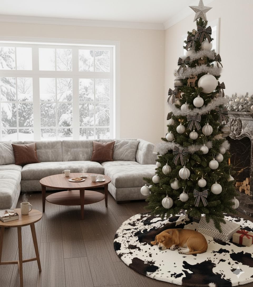 36 Inch Cow Faux Fur Christmas Tree Skirt Holiday Decor for Xmas Tree, Festive Party, Home Decorations