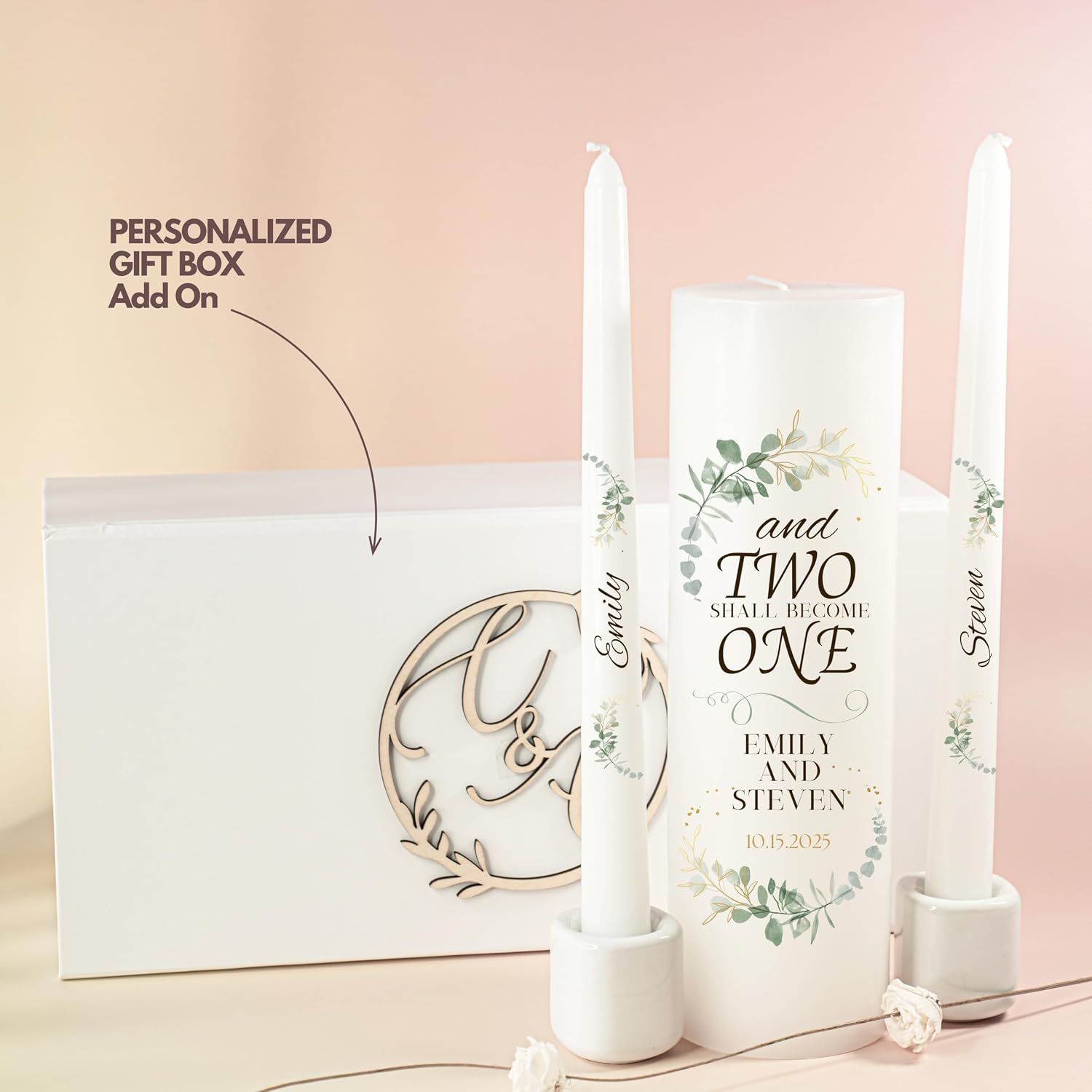 Unity Candles for Wedding, Modern Unity Set, Custom and Personalized Pillar and Taper Candles with Quote, Unscented White Premium Wax, Religious and Wedding Ceremony, Special Events (Custom Date)