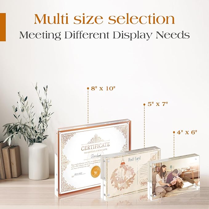 TWING 2 Pack Picture Frames Acrylic 4 x 6, Horizontal Magnet Double Sided 4x6 Picture Frame, 10+10MM Thick Clear Frameless Desktop Display Self Standing Magnetic Acrylic Block Photo Frame Gift Ideal