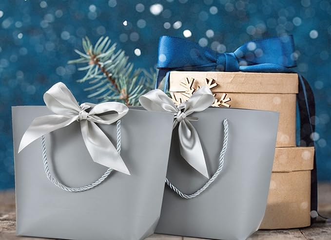 HUAPRINT Gift Bags with Handles,7.48×3.54×7.9 inches,Party Favor Bags with Bow Ribbon,12Pcs Grey Paper Bags for Birthday Wedding Bridesmaid Present Celebration Holiday