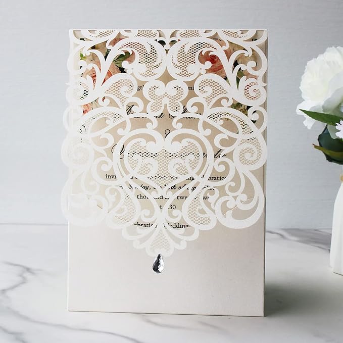 Hosmsua 50PCS White Wedding Invitations Kit 5 x 7.3 Inch Laser Cut Hollow Rose Rhinestone Pocket with Envelope for Quinceanera Bridal Shower Invite (White Ivory)