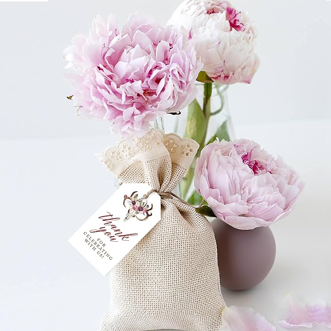 Andaz Press 100-Pack Thank You for Celebrating with Us Favor Tags Boho Rustic Floral Antlers Cardstock Gift Tags with Bakers Twine for Wedding Baby Shower Bridal Shower Party Favors 2 x 3.75-Inches