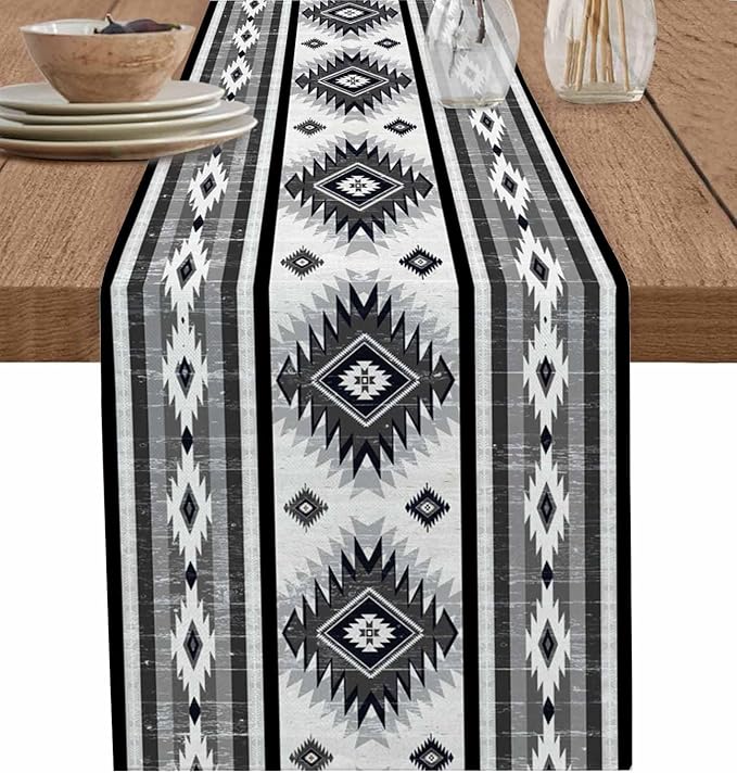 Aztec Southwest Cotton Linen Table Runner for Dining Kitchen, Wedding Outdoor Party Tablerunners Decoration, Boho Ethnic Tribes Vintage Grey Dresser Scarf Coffee Tablecloth Runners 13x48 Inches