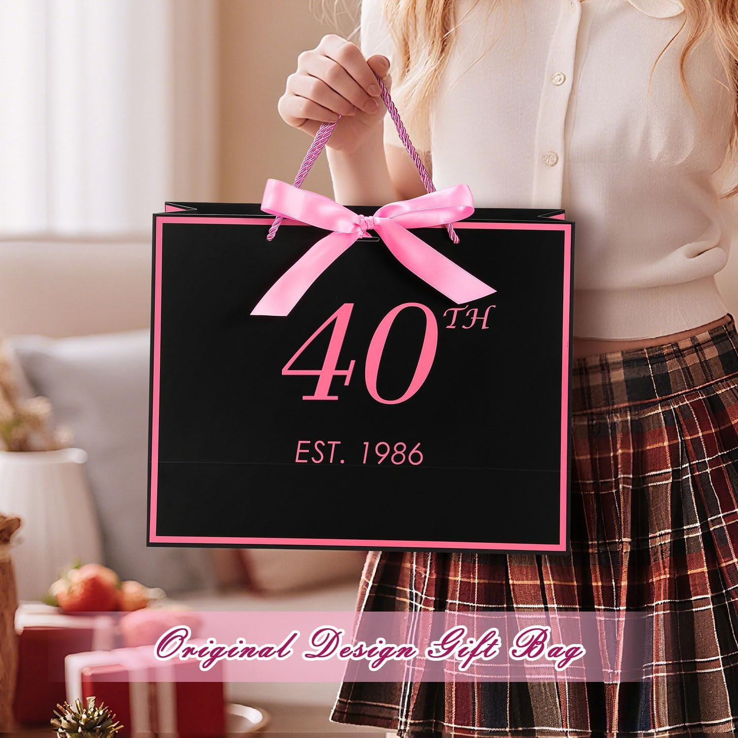 40th Birthday Gift Bag with Card and Tissue Paper for Women Her, 1986 40 Year Old 13" Elegant Black & Pink Anniversary Keepsake Party Present Shopping Paper Bags for Gifts Wrapping (1986 40th)
