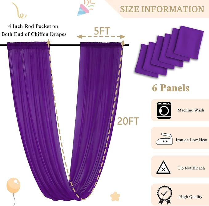 MODFUNS Ceiling Drapes for Parties Royal Purple Wedding Arch Draping Fabric 5x20ft 6 Panels Chiffon Fabric Drapes Ceiling Decor Sheer Curtains Bed Canopy for Bedroom Wedding Decor