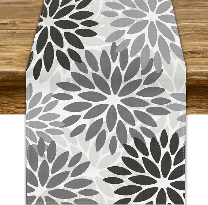 Gray Dahlia Flower Table Runner, Vintage Modern Linen Geometric Pattern Floral Table Runner Spring for Farmhouse Kitchen Dining Party Holiday Party, 13x36 Inch
