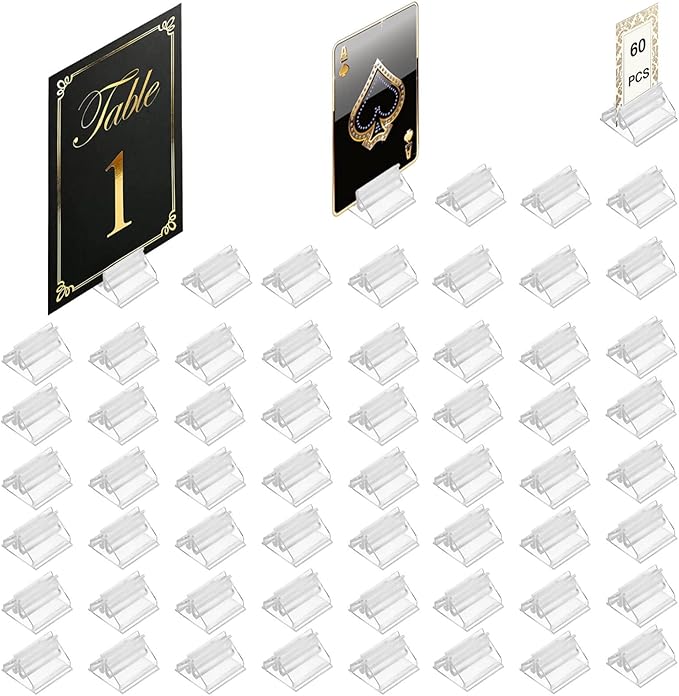 Table Number Place Card Playing Card Holders 60 Pack, Small Clear Acrylic Business Card Holder Stand for Display Paper Game Piece Picture Clip Price Board Photo Memo Menus Label Stand Party, 0.75in
