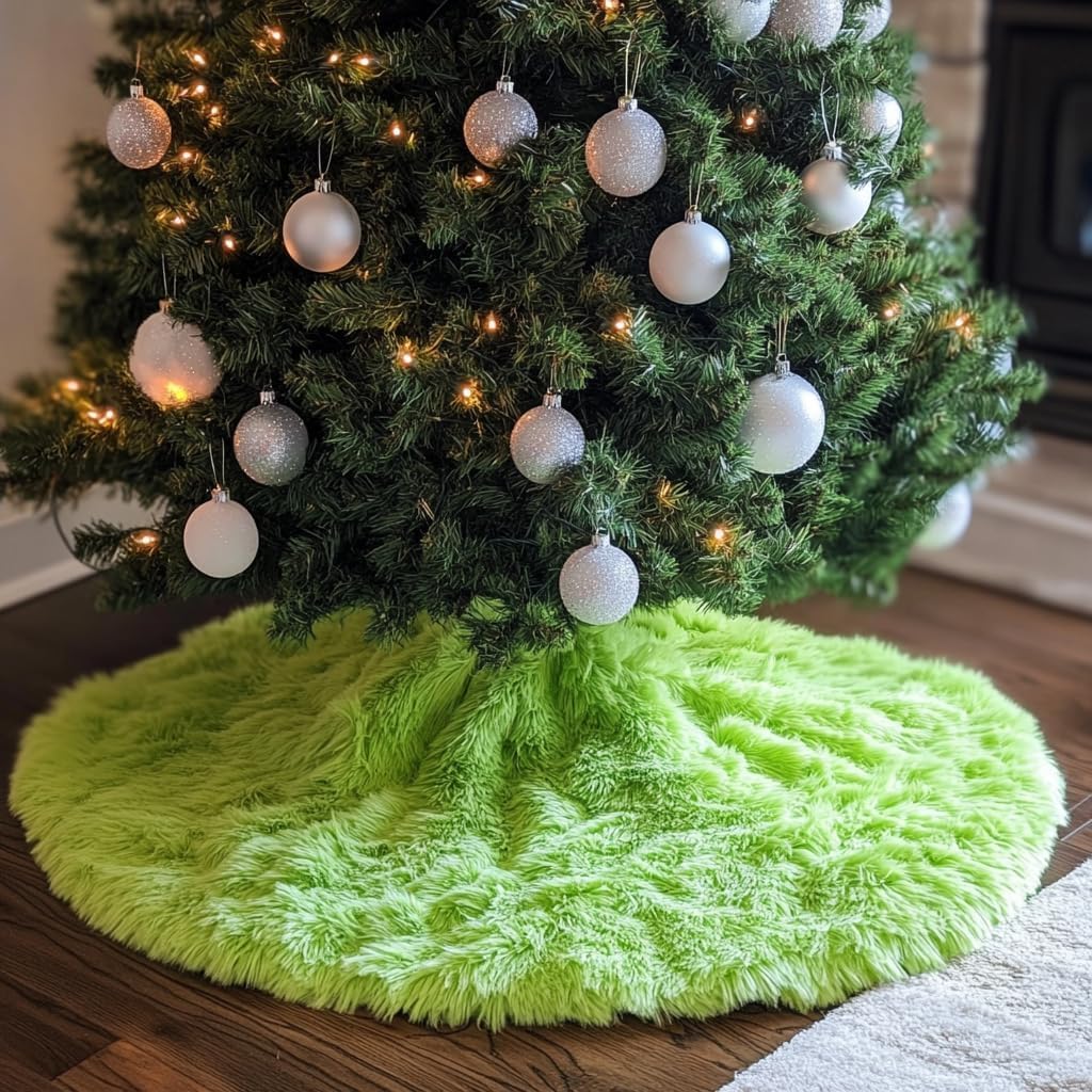AOGU 30 Inch Faux Fur Christmas Tree Skirt Green Plush Skirt for Merry Christmas Party Christmas Tree Decoration