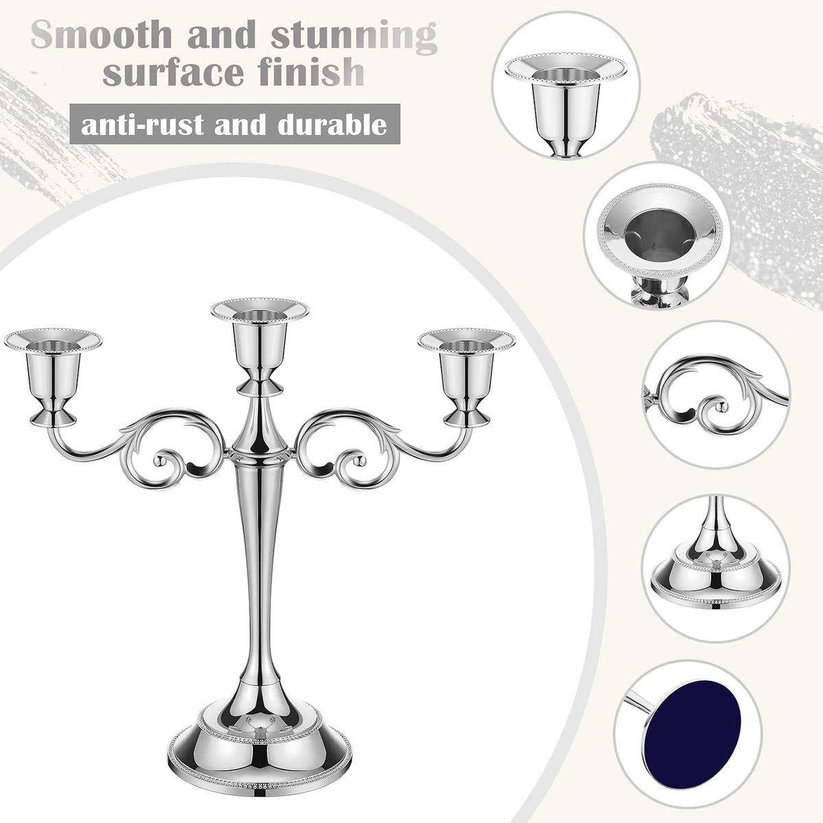 Dandat 2 Pcs 3 Arm Metal Candelabra Silver Candlestick Holders 10 Inch
