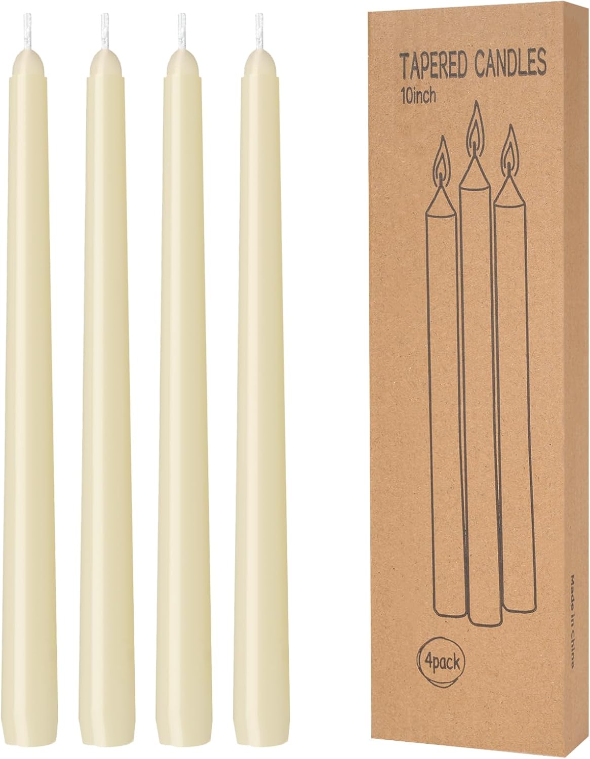 4 Pack Ivory Taper Candles - Taper Candles 10 Inch Dripless, Smokeless & Unscented - 8 Hours Long Burning - Hand Poured Tall Candlesticks - Ideal for Weddings, Dinner Parties, and Home Decor