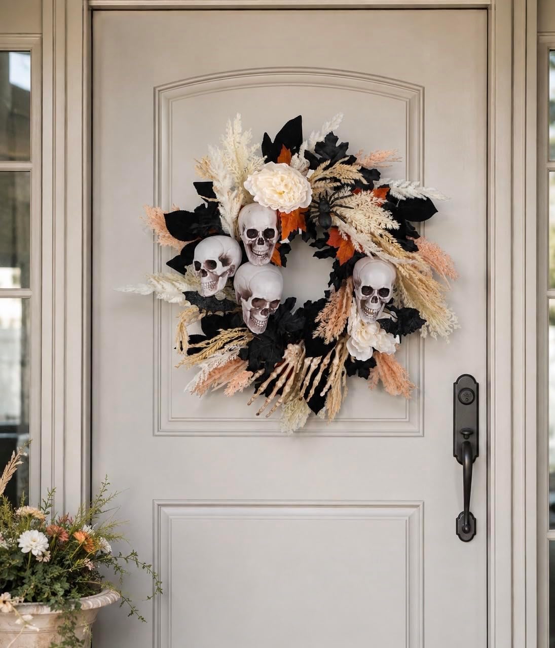 24" Halloween Wreath for Front Door with Artificial Skulls, Wheat, Maple...