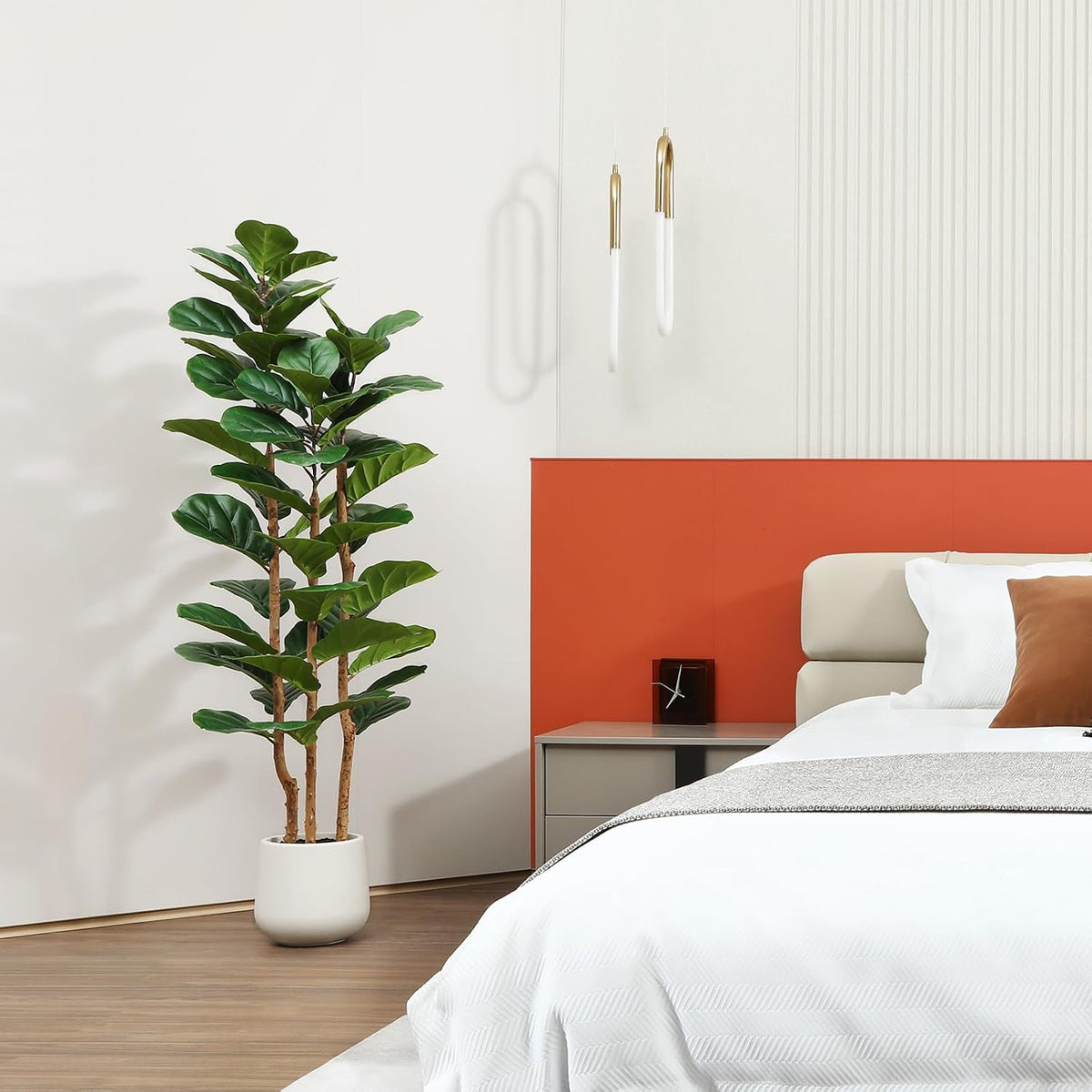 artificial fiddle leaf fig tree with white planter on a desk or shelf