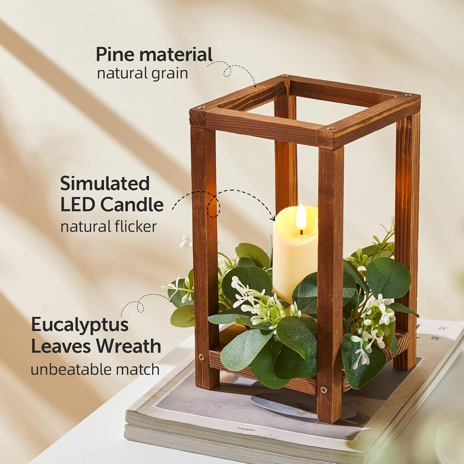 60 Pcs/20 Set Wooden Wedding Lantern Centerpiece,Wooden Centerpieces for Tables-with 20 Holders 20 Candles 20 Wreaths for Rustic Table Decoration Country Barn Wedding Party (Brown)