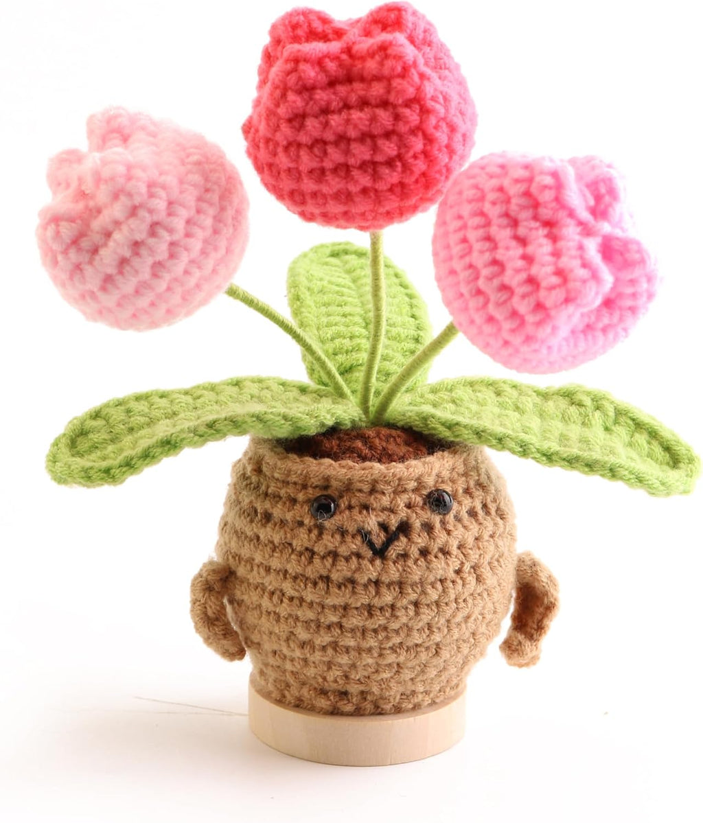 Hand-Woven Mini Tulip Potted Plants, Desktop Ornaments, Timeless Home Office Decorations, Perfect Handmade Gifts for Mother's Day, Graduation Season and Thanksgiving Day(Mixed Pink)