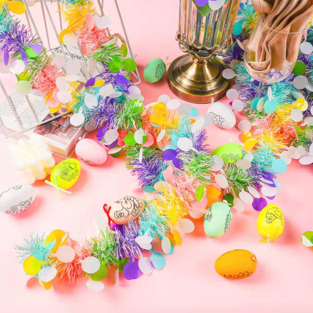 33ft Easter Tinsel Garland,Colorful Egg Tinsel Twist Garland with Confetti Spring Hanging Tinsel Ornament Decoration for Fireplace Mantel Tree Eatser Party Decoration